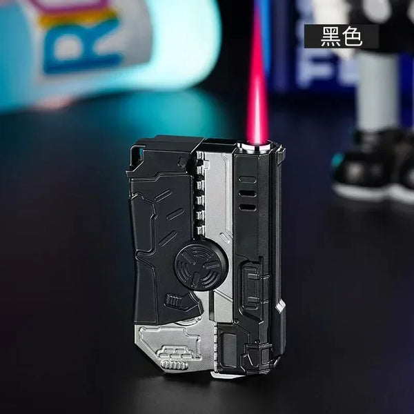 Metal Folding Gun-Style Jet Lighter – Windproof Butane Gas Red Flame Gyroscope Lighter with Laser
