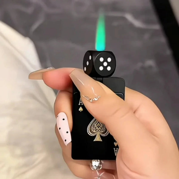 Rotating Dice Playing Cards Windproof Green Flame Gas Lighter – Novelty Collectible Pocket Lighter