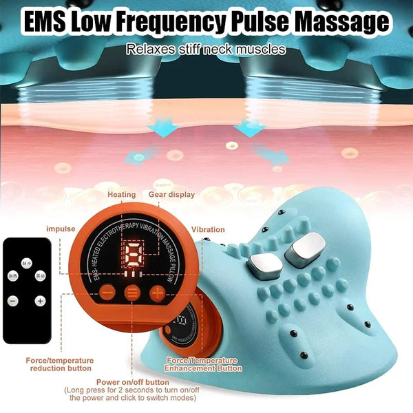 Electric Neck Cervical Traction Massager – EMS Heated Vibration Massage Pillow for Neck & Spine Relaxation