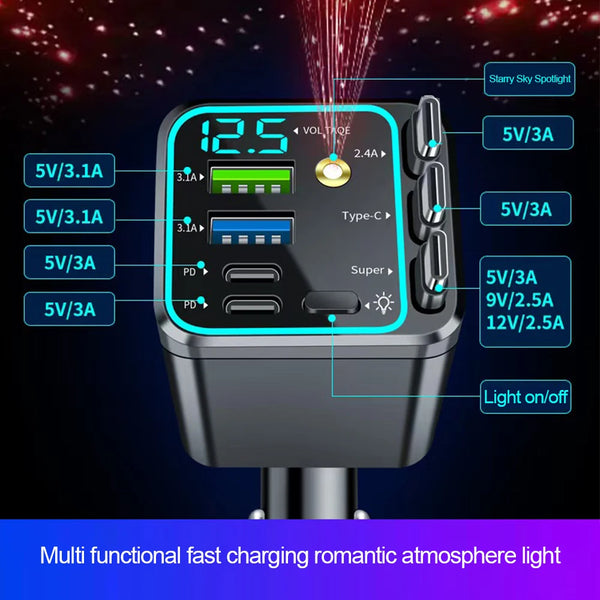 5-in-1 Car Charger with Retractable Cable, PD30W & Voltage Display