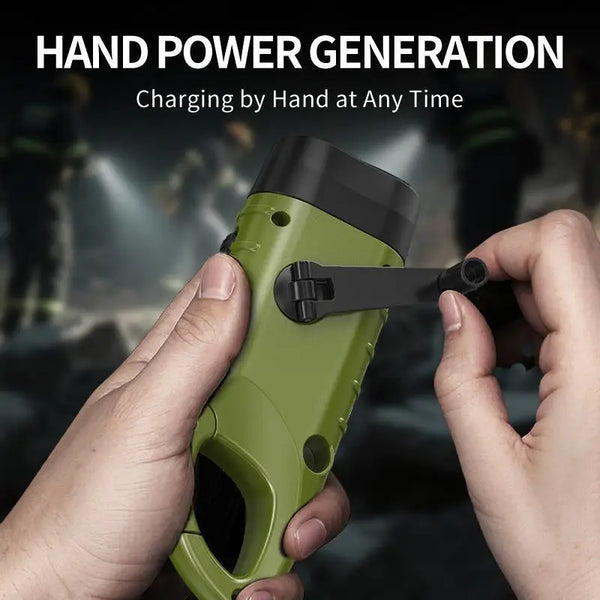 Solar Hand Crank LED Emergency Light with 200m Range & Weatherproof Hook