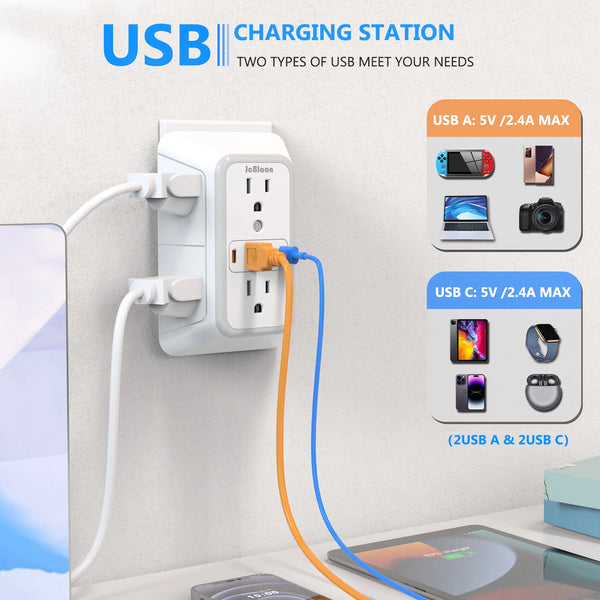 Wall Outlet Extender – 6 AC Outlets + 4 USB Ports (2 USB-C) Fast Charging Power Strip