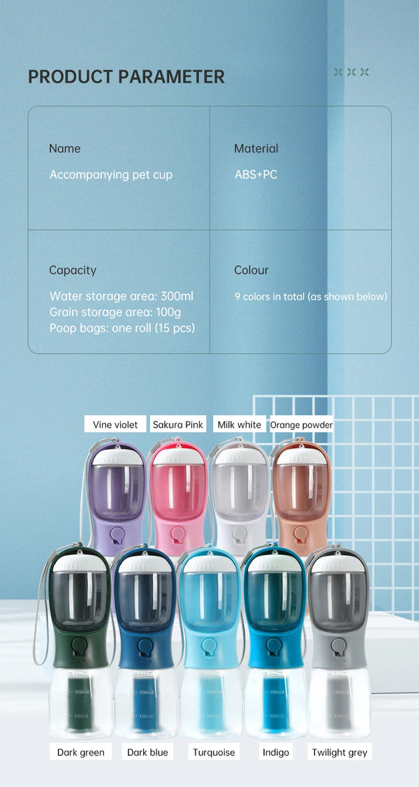 3-in-1 Portable Dog Water Bottle – Travel Pet Feeder, Food Container & Poop Bag Dispenser