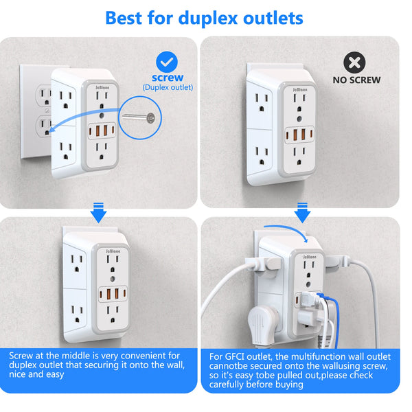 Wall Outlet Extender – 6 AC Outlets + 4 USB Ports (2 USB-C) Fast Charging Power Strip