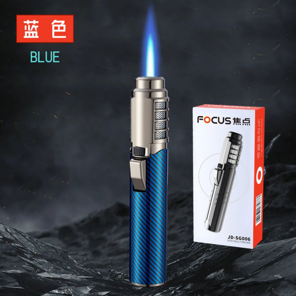 Blue lighter with flame and packaging on a dark background