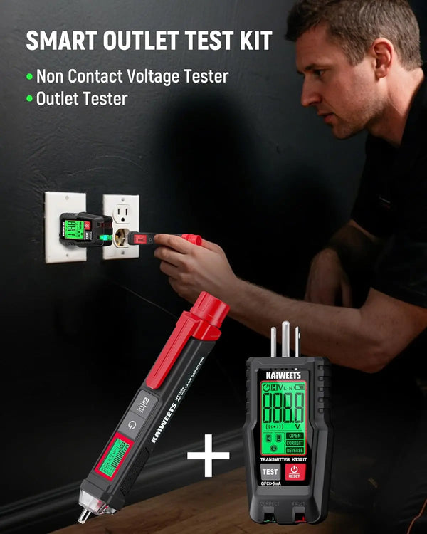 Non-Contact Voltage Tester & GFCI Outlet Tester Kit – LCD Display Wiring Fault Checker with Signal Percentage