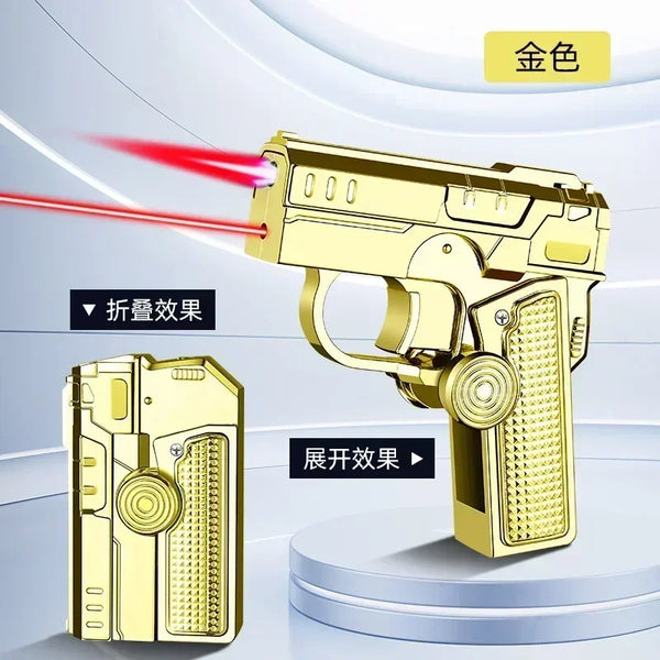 Metal Folding Gun-Style Jet Lighter – Windproof Butane Gas Red Flame Gyroscope Lighter with Laser