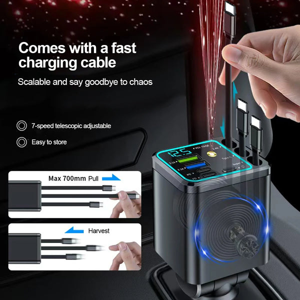 5-in-1 Car Charger with Retractable Cable, PD30W & Voltage Display