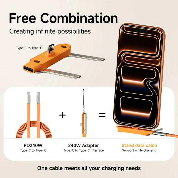 240W Type-C Fast Charging Cable with Foldable Phone & Tablet Stand