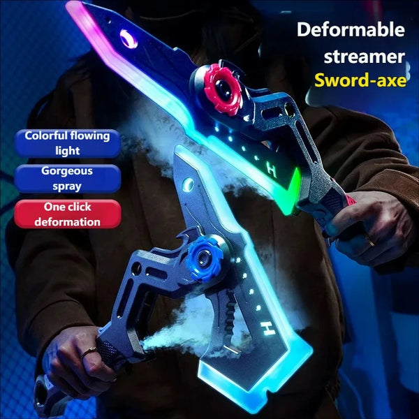 Outdoor LED Sword-Axe Transforming Toy with Mist Effect & Multi-Color Lights