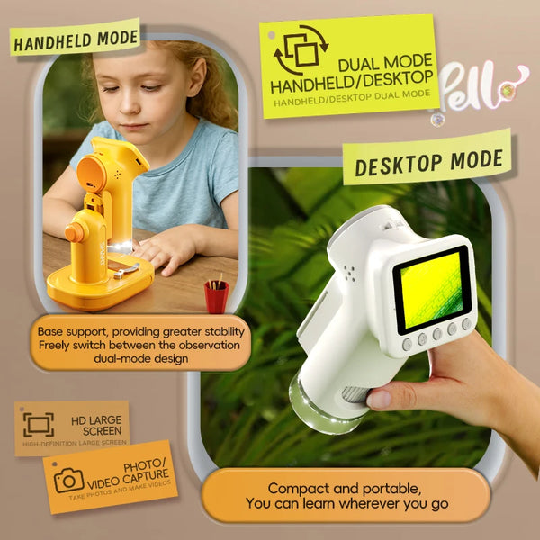 1600X Handheld Digital Microscope with 2-Inch HD Screen – Portable Electronic Magnifier with Camera & Video, 3-Level Lighting, Multilingual Interface