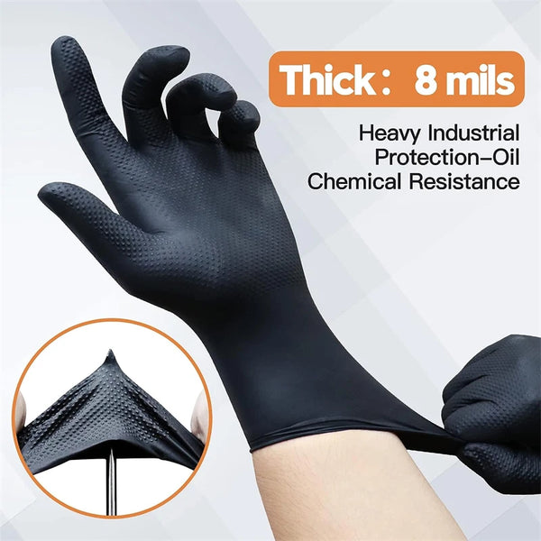 Industrial Black Nitrile Gloves – 8Mil Heavy Duty Disposable Diamond Textured Latex-Free Gloves