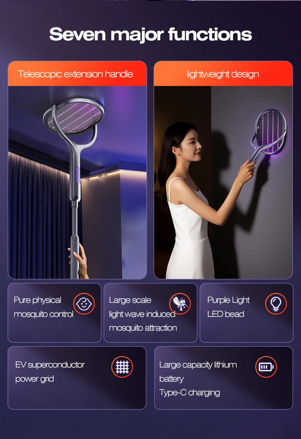 6-in-1 Retractable Electric Mosquito Swatter & Bug Trap Lamp – USB Rechargeable Fly Zapper with Extendable Handle