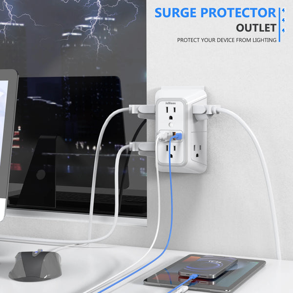 Wall Outlet Extender – 6 AC Outlets + 4 USB Ports (2 USB-C) Fast Charging Power Strip