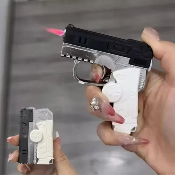 Metal Folding Gun-Style Jet Lighter – Windproof Butane Gas Red Flame Gyroscope Lighter with Laser