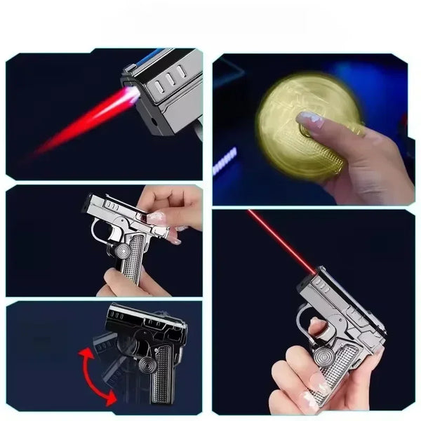 Metal Folding Gun-Style Jet Lighter – Windproof Butane Gas Red Flame Gyroscope Lighter with Laser