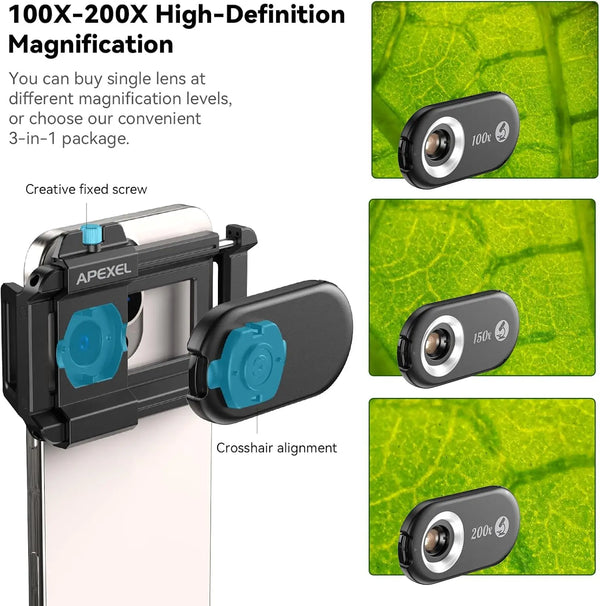 3-in-1 Smartphone Microscope Lens with LED Light – 100X / 150X / 200X Magnification for Android & iPhone