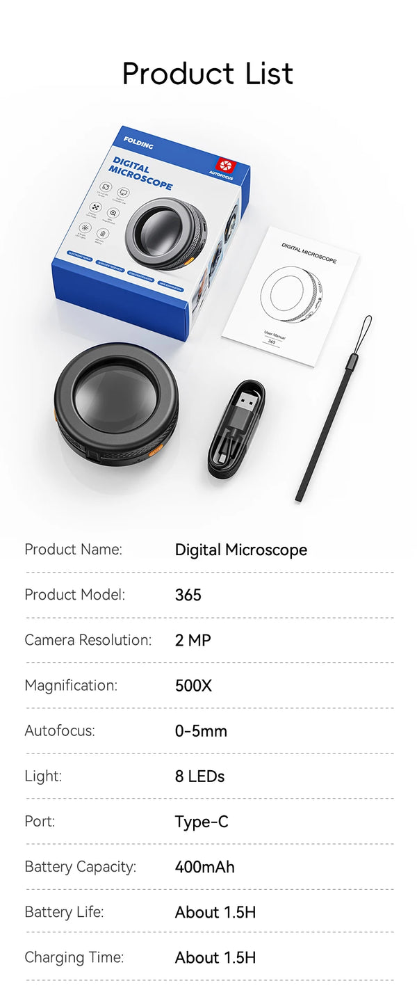 500X Autofocus Digital Microscope with 2-Inch IPS Screen