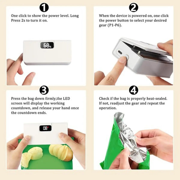 Mini Handheld Bag Sealer with 6 Modes, Cutter & Magnetic Base