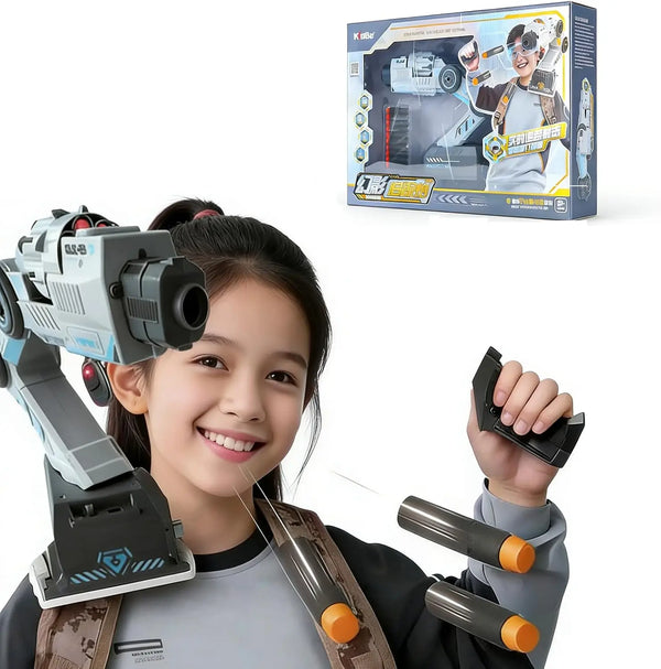 Motion Tracking Blaster – Interactive Soft Bullet Gun with Wearable Shoulder Mount & Sensory Control Headphones