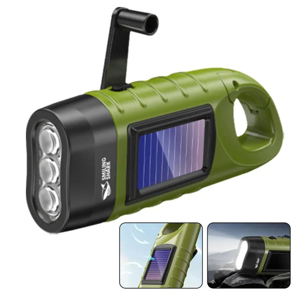 Solar Hand Crank LED Emergency Light with 200m Range & Weatherproof Hook