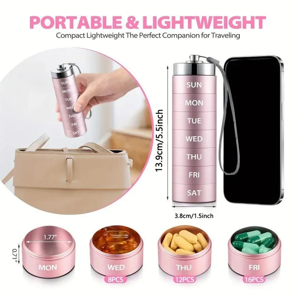 7-Day Waterproof Pill Organizer – Large Capacity Aluminum Alloy Travel Medicine & Supplement Container
