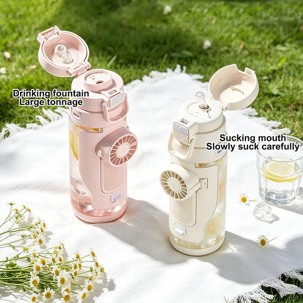 690ml 2-in-1 Hydration Fan Water Bottle – Rechargeable 3-Speed Cooling Sports Cup