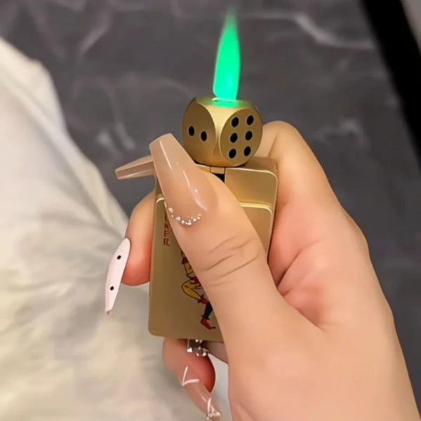 Rotating Dice Playing Cards Windproof Green Flame Gas Lighter – Novelty Collectible Pocket Lighter