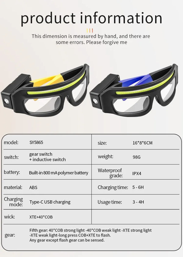 Safety Glasses with Built-In LED Lights – Anti-Fog Type-C Rechargeable Protective Glasses for Cycling, Welding & Outdoor Use