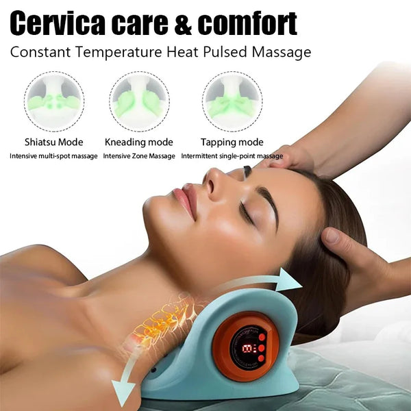 Electric Neck Cervical Traction Massager – EMS Heated Vibration Massage Pillow for Neck & Spine Relaxation