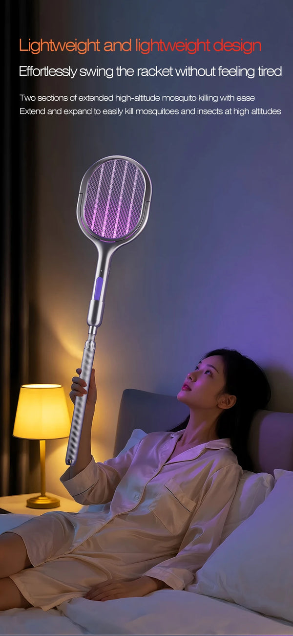 6-in-1 Retractable Electric Mosquito Swatter & Bug Trap Lamp – USB Rechargeable Fly Zapper with Extendable Handle