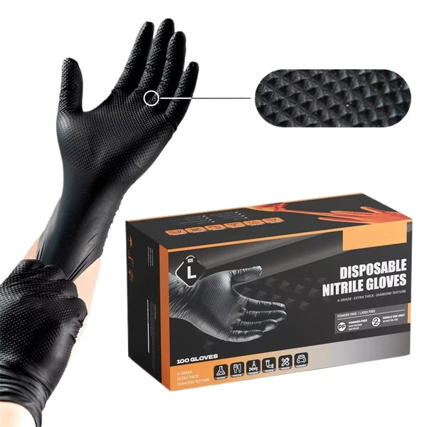 Industrial Black Nitrile Gloves – 8Mil Heavy Duty Disposable Diamond Textured Latex-Free Gloves