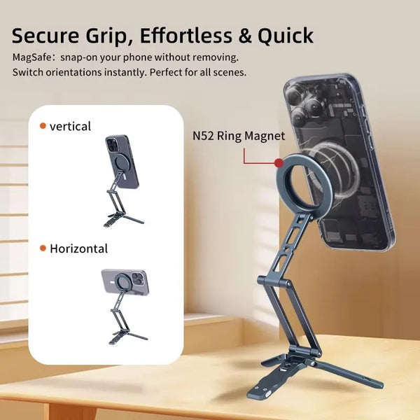 Foldable Magnetic Smartphone Holder – Adjustable Arca-Swiss Phone Stand for Vlogging & Photography