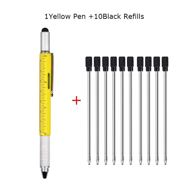 SearchFindOrder 1 Yellow 10 BlackInk Multifunctional 6-in-1 Precision Pen Screwdriver Ruler Caliper Touchscreen Stylus Level and Ballpoint Pen