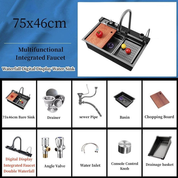SearchFindOrder 75X46CM 304 Stainless Steel Cascading Kitchen Sink with Smart Faucet and Accessories