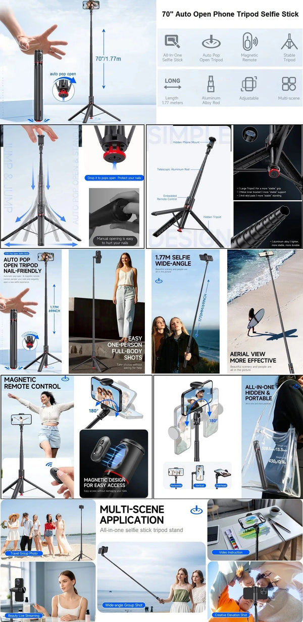 SearchFindOrder Black Automatic Pop Open Phone Tripod with 70" Extendable Selfie Stick & Magnetic Remote
