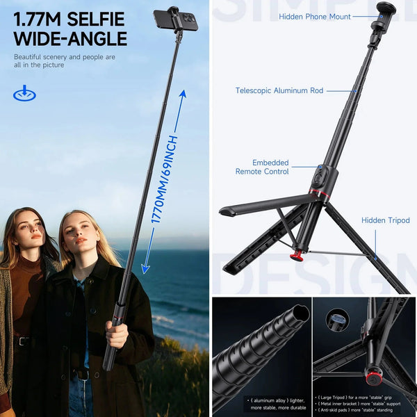 SearchFindOrder Black Automatic Pop Open Phone Tripod with 70" Extendable Selfie Stick & Magnetic Remote