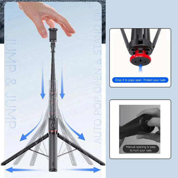 SearchFindOrder Black Automatic Pop Open Phone Tripod with 70" Extendable Selfie Stick & Magnetic Remote