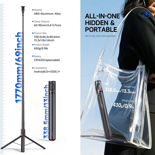 SearchFindOrder Black Automatic Pop Open Phone Tripod with 70" Extendable Selfie Stick & Magnetic Remote