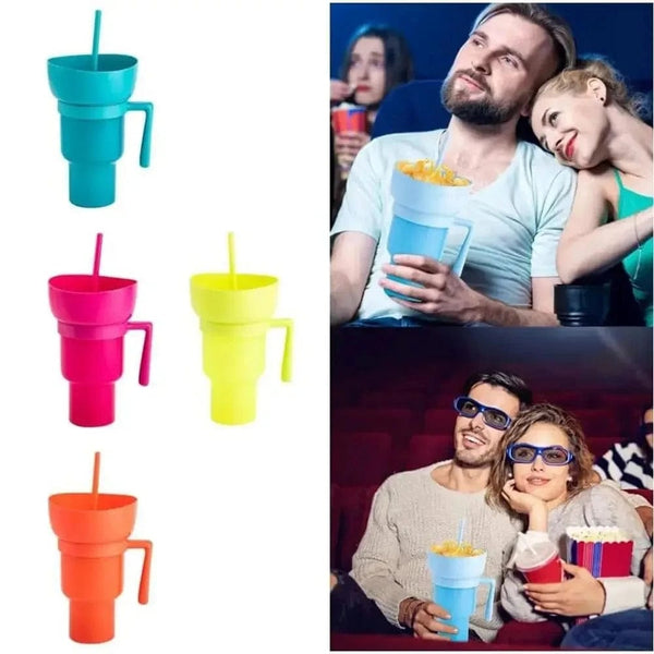 SearchFindOrder Creative 2-in-1 Popcorn Snack and Beverage Cup with Straw and Handle