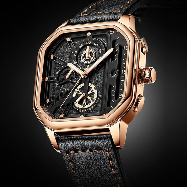 SearchFindOrder Exquisite Luxury Men's Sports Quartz Watch, Waterproof, Leather Strap, Chronograph, Luminous, Square Skeleton Dial
