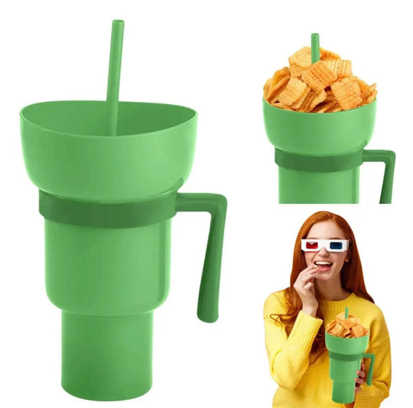 SearchFindOrder Green Creative 2-in-1 Popcorn Snack and Beverage Cup with Straw and Handle