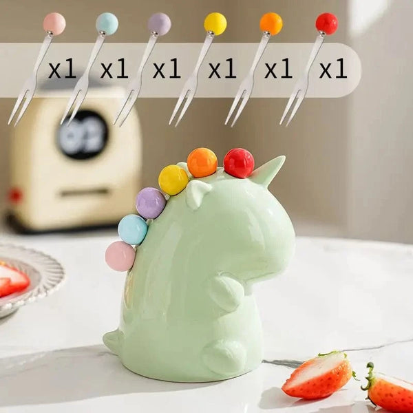 SearchFindOrder Green Stainless Steel Unicorn Fruit Fork Set with Ceramic Handle