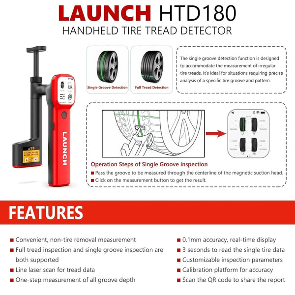 SearchFindOrder HTD180 High Accuracy Laser Tire Tread Depth Gauge - 0.1mm Precision, Wi-Fi/BT Support