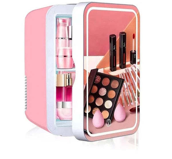SearchFindOrder Mirrored Beauty Fridge with LED Lighting, Portable White Mini Refrigerator Skin Care, Makeup Storage, Chill Cosmetics & Face Masks, Small for Desktop or Travel, Cool & Heat, 8 Liter Capacity