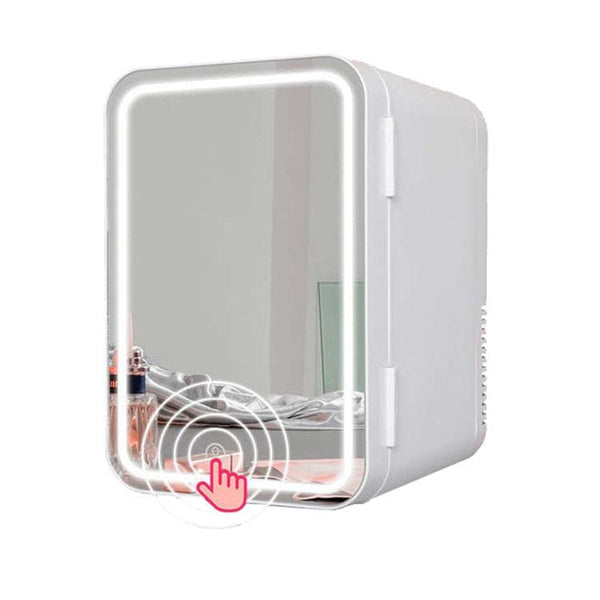 SearchFindOrder Mirrored Beauty Fridge with LED Lighting, Portable White Mini Refrigerator Skin Care, Makeup Storage, Chill Cosmetics & Face Masks, Small for Desktop or Travel, Cool & Heat, 8 Liter Capacity