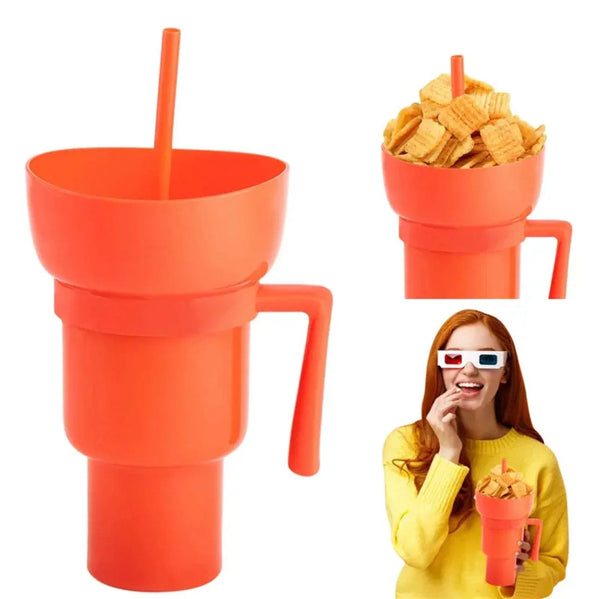 SearchFindOrder Orange Color Creative 2-in-1 Popcorn Snack and Beverage Cup with Straw and Handle