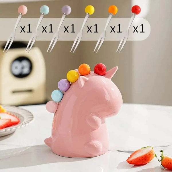 SearchFindOrder Pink Stainless Steel Unicorn Fruit Fork Set with Ceramic Handle
