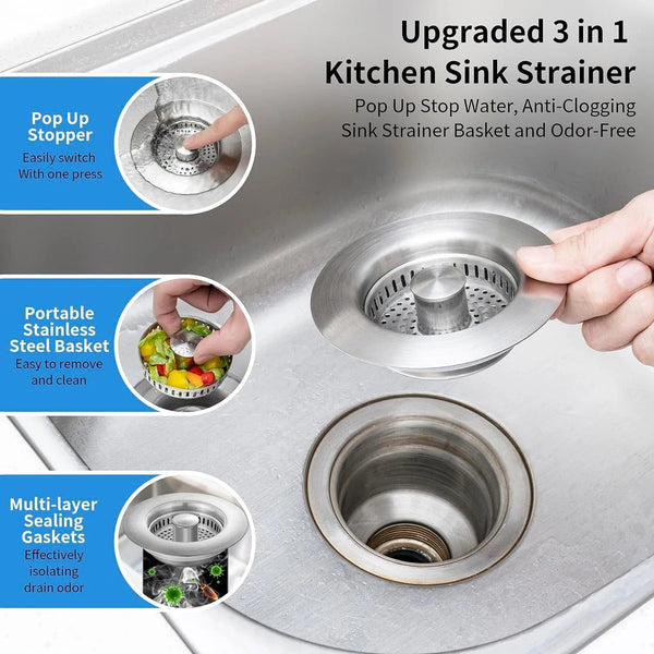 SearchFindOrder Silver Stainless Steel Kitchen Sink Strainer and Pop-Up Stopper