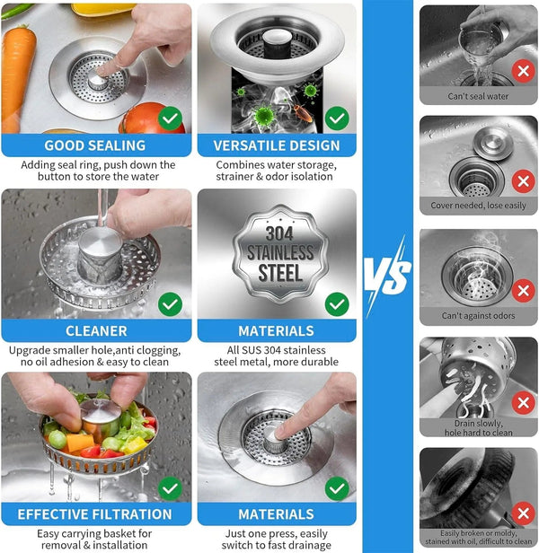 SearchFindOrder Silver Stainless Steel Kitchen Sink Strainer and Pop-Up Stopper
